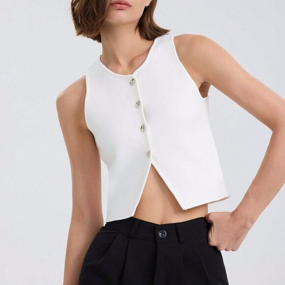 White Casual Women's Knitted Short Vest - Picture 1 of 5